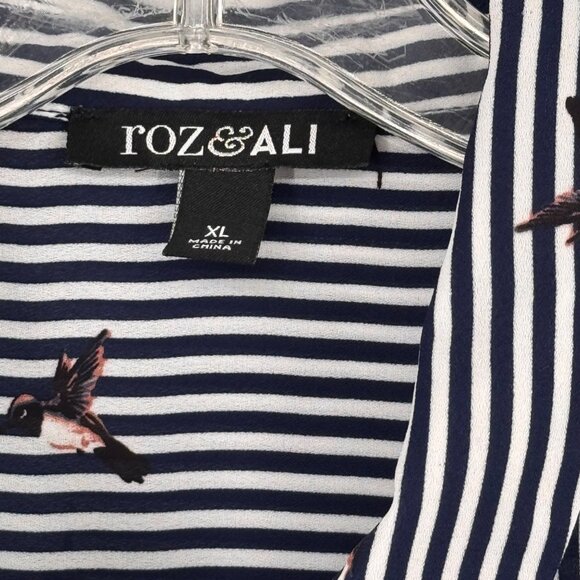 Roz & Ali Womens Button-Up Striped Blouse humming bird Print blue size XL - Picture 2 of 14